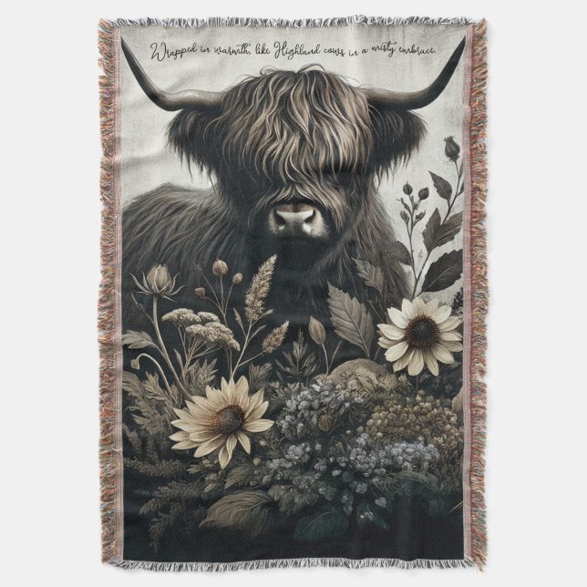Highland Bull with Sunflower Throw Blanket (Front Vertical)