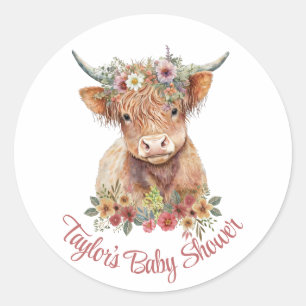 Highland Calf Floral Rustic Watercolor Cute Classic Round Sticker