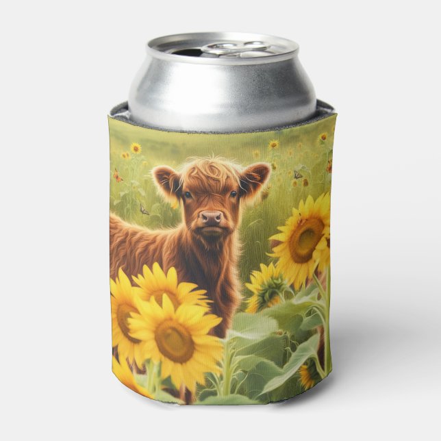 Highland Calf in Sunflowers Cute  Can Cooler (Can Front)