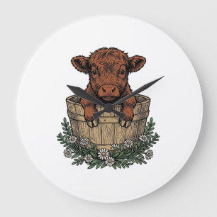 Highland Calf Shirt Vintage Daisy Bucket Art Large Clock