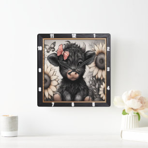 Highland Calf Sunflower Bow Square Wall Clock