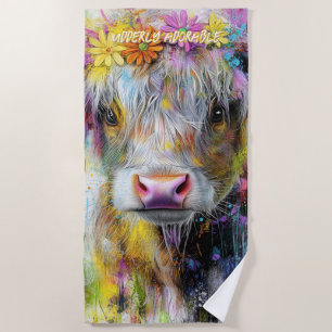 Highland Calf Vibrant Coloured Flowers Beach Towel