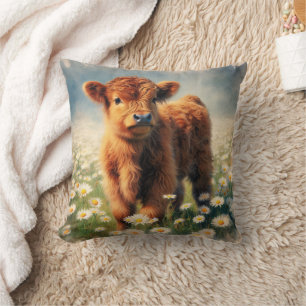 Highland Calf Vintage Watercolor Painting Cushion