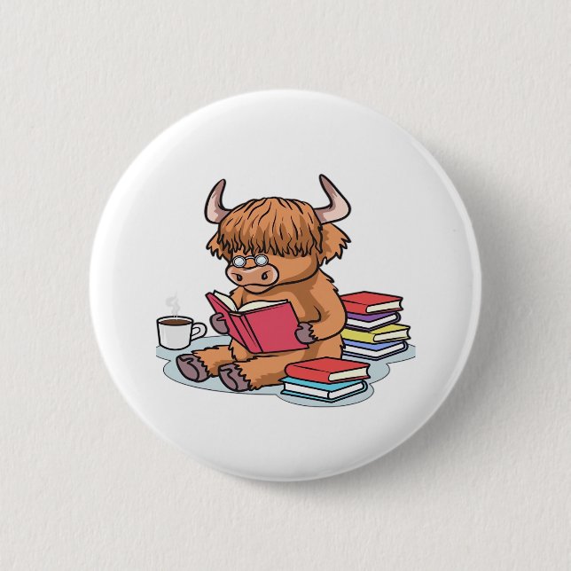 Highland Cattle Cow Read Books Drink Coffee Classi 6 Cm Round Badge (Front)