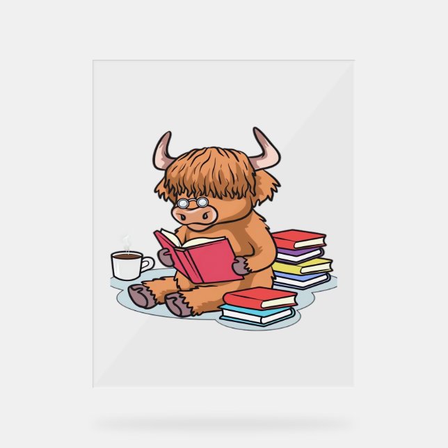 Highland Cattle Cow Read Books Drink Coffee Classi Acrylic Sign (Front)