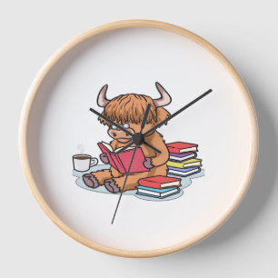 Highland Cattle Cow Read Books Drink Coffee Classi Clock
