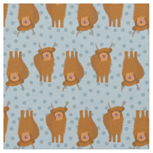 Highland Cattle on Pale Blue Polka Dots Patterned Fabric
