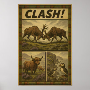 Highland Clash – Stags, Puffins & Cattle Poster