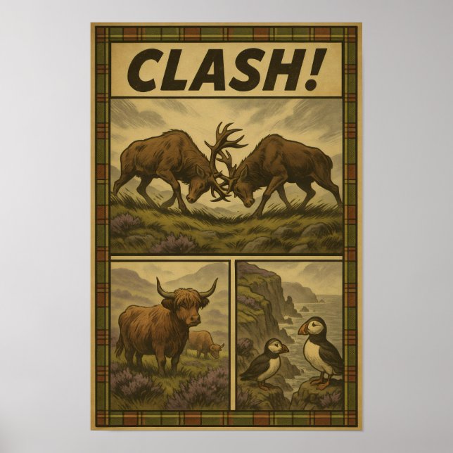 Highland Clash – Stags, Puffins & Cattle Poster (Front)