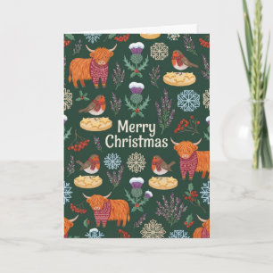 Highland Coo & Tartan Scottish Folk Art Christmas Card