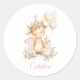 Highland Cow 1st Birthday Classic Round Sticker