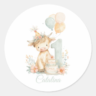 Highland Cow 1st Birthday Classic Round Sticker