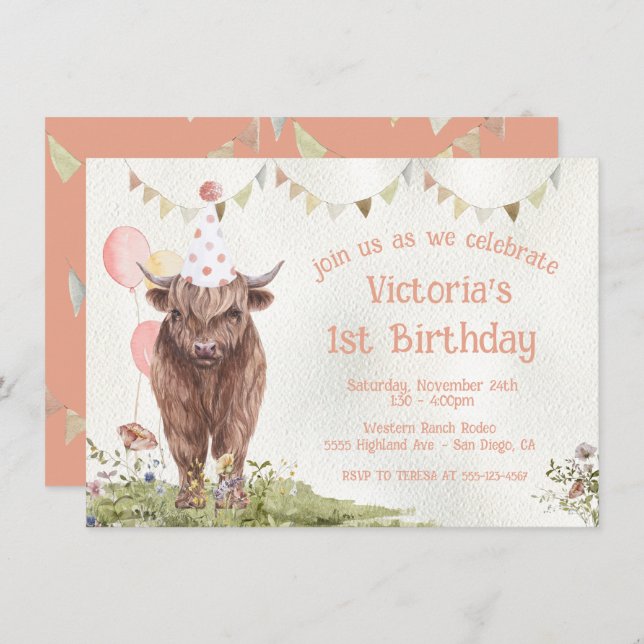 Highland Cow 1st Birthday Party Invitation (Front/Back)