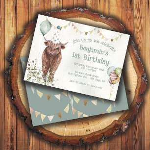 Highland Cow 1st Birthday Party Invitation