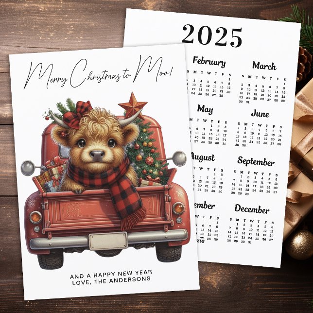 Highland Cow 2025 Calendar Red Truck Christmas Holiday Card (Creator Uploaded)
