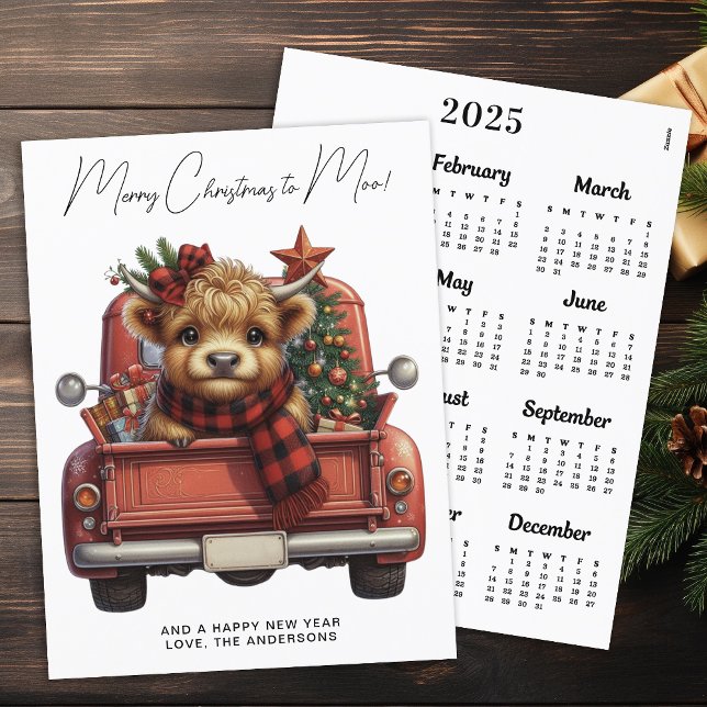 Highland Cow 2025 Calendar Red Truck Christmas Holiday Postcard (Creator Uploaded)