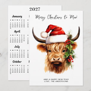 Highland Cow 2027 Calendar Festive Merry Christmas Holiday Card