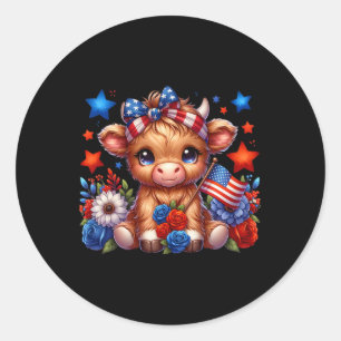 Highland Cow 4th Of July Floral Usa Patriotic Cow Classic Round Sticker
