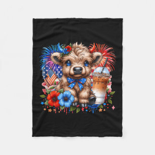 Highland Cow 4th Of July Floral Usa Patriotic Cow Fleece Blanket