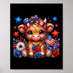 Highland Cow 4th Of July Floral Usa Patriotic Cow  Poster