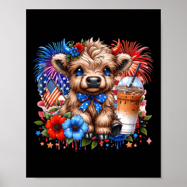 Highland Cow 4th Of July Floral Usa Patriotic Cow  Poster (Front)