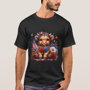 Highland Cow 4th Of July Floral Usa Patriotic Cow T-Shirt