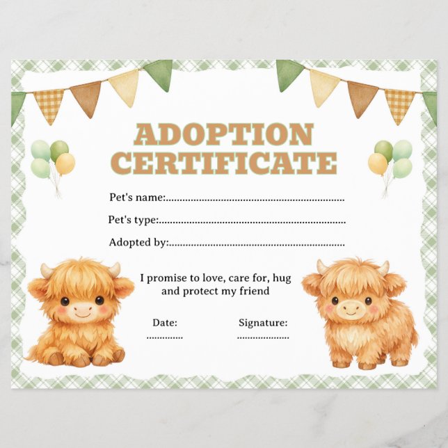 Highland cow adopt certificate editable flyer (Front)