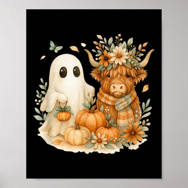 Highland Cow &amp; Ghost Pumpkin Patch Watercolor  Poster (Front)