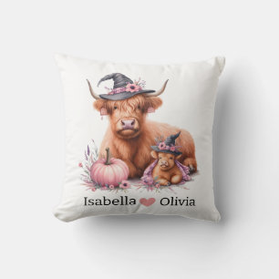 highland cow and baby pink pumpkin flower cushion