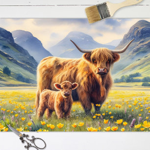 Highland Cow and Calf Buttercup Field Decoupage Tissue Paper