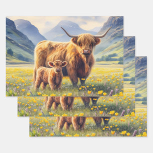 Highland Cow and Calf Buttercup Field Decoupage Wrapping Paper Sheet