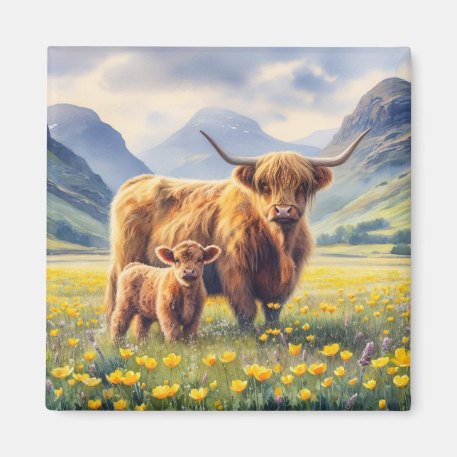 Highland Cow and Calf Buttercup Field Magnet (Front)