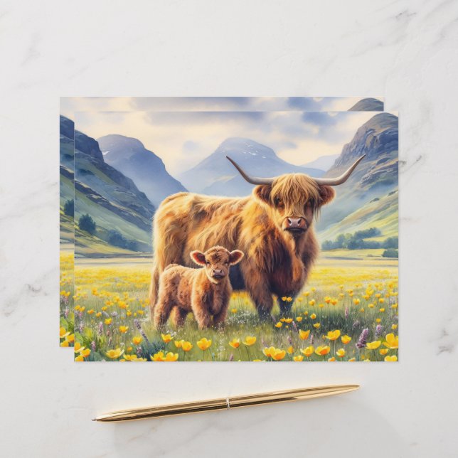 Highland Cow and Calf Buttercups Scrapbook Paper (Front/Back In Situ)