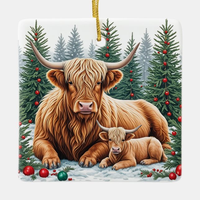 Highland Cow and Calf Christmas Ornament – Cosy Fa (Front)