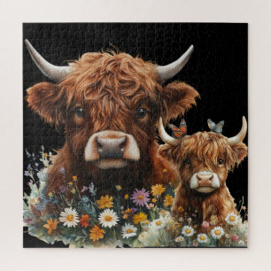 Highland Cow and Calf Floral Collage Puzzle
