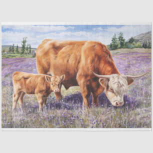 Highland Cow and Calf Flower Field Art Decoupage Tissue Paper