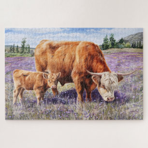 Highland Cow and Calf Purple Wildflowers Jigsaw Puzzle