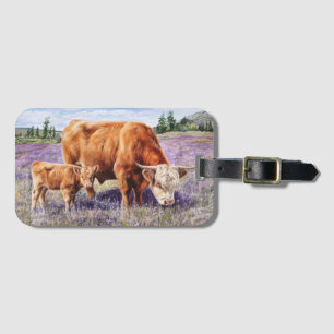 Highland Cow and Calf Purple Wildflowers Luggage Tag