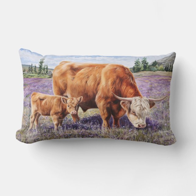 Highland Cow and Calf Purple Wildflowers Lumbar Cushion (Front)