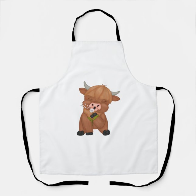 Highland Cow and Dandelion Puff Classic T-Shirt Apron (Front)