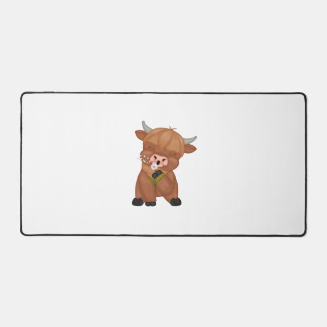 Highland Cow and Dandelion Puff Classic T-Shirt Desk Mat (Front)