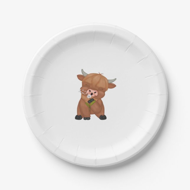 Highland Cow and Dandelion Puff Classic T-Shirt Paper Plate (Front)