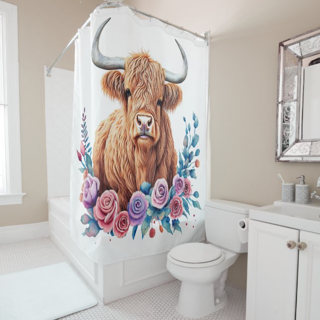 Highland Cow and Flowers Watercolor Shower Curtain (In Situ)
