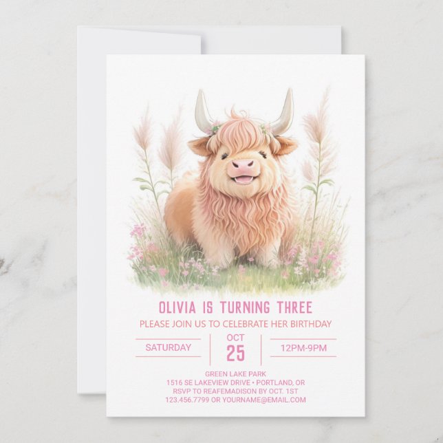 Highland Cow and Pampas Grass Girl Birthday Invitation (Front)