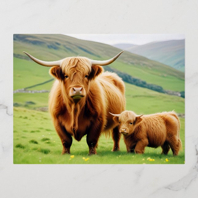 Highland Cow Animal Nature Wildlife Affection Love Foil Holiday Postcard (Front)