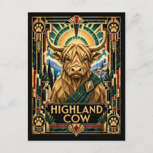 Highland Cow, Art Deco Wildlife Postcard