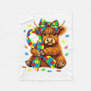 Highland Cow Autism Awareness Puzzle Coquette Bow Fleece Blanket