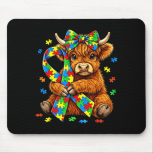 Highland Cow Autism Awareness Puzzle Coquette Bow Mouse Pad