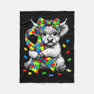Highland cow autism awareness puzzle ribbon fleece blanket