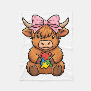Highland Cow Autism Puzzle Awareness Teach Kids Fleece Blanket